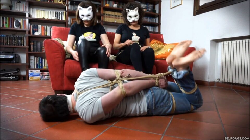 Femdom Bondage: Hogtied Guy: Wrap Gagged And Tickled By Evil Cat Women! — gallery-5