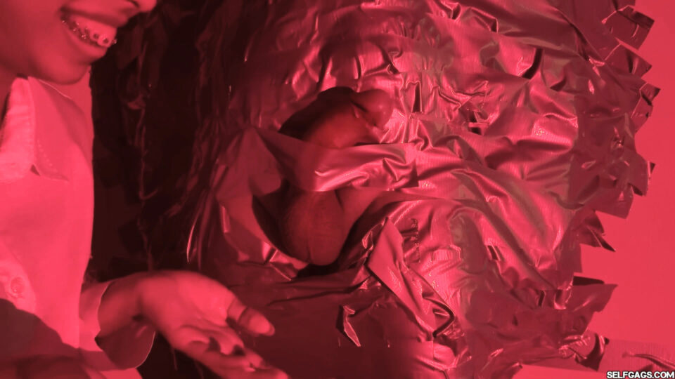Red Room Wall-Taped Slave: Mistress Diana Edges & Tapes His Cock Mid-Orgasm — gallery-1