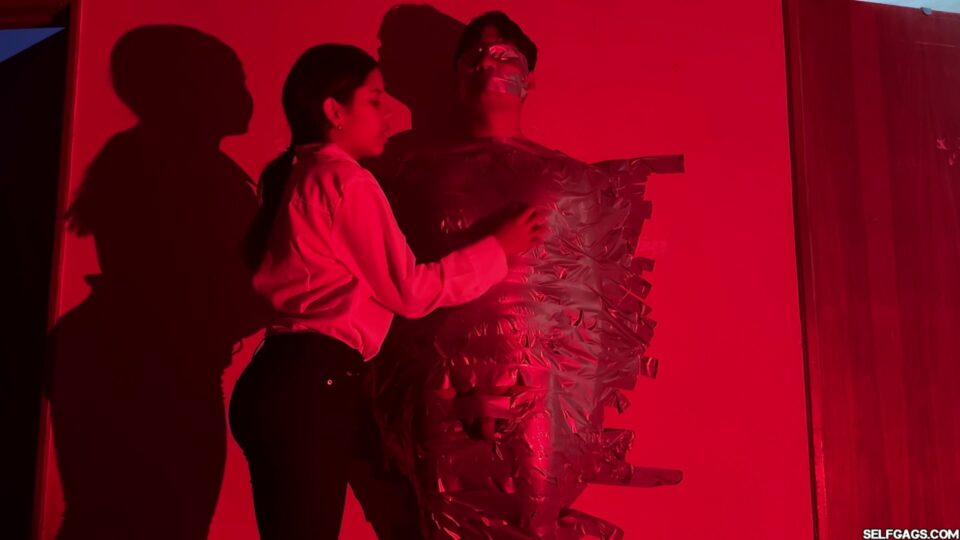 Red Room Wall-Taped Slave: Mistress Diana Edges & Tapes His Cock Mid-Orgasm — gallery-2