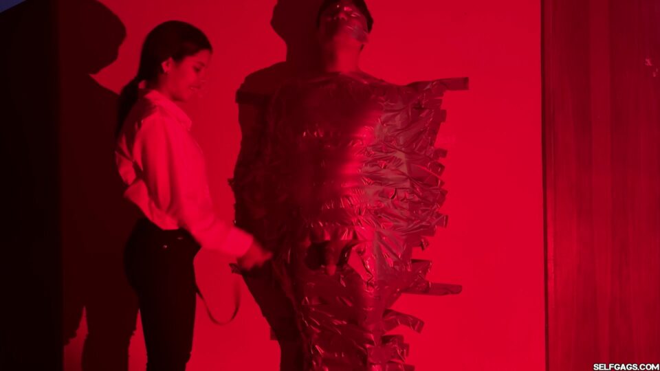 Red Room Wall-Taped Slave: Mistress Diana Edges & Tapes His Cock Mid-Orgasm — gallery-4