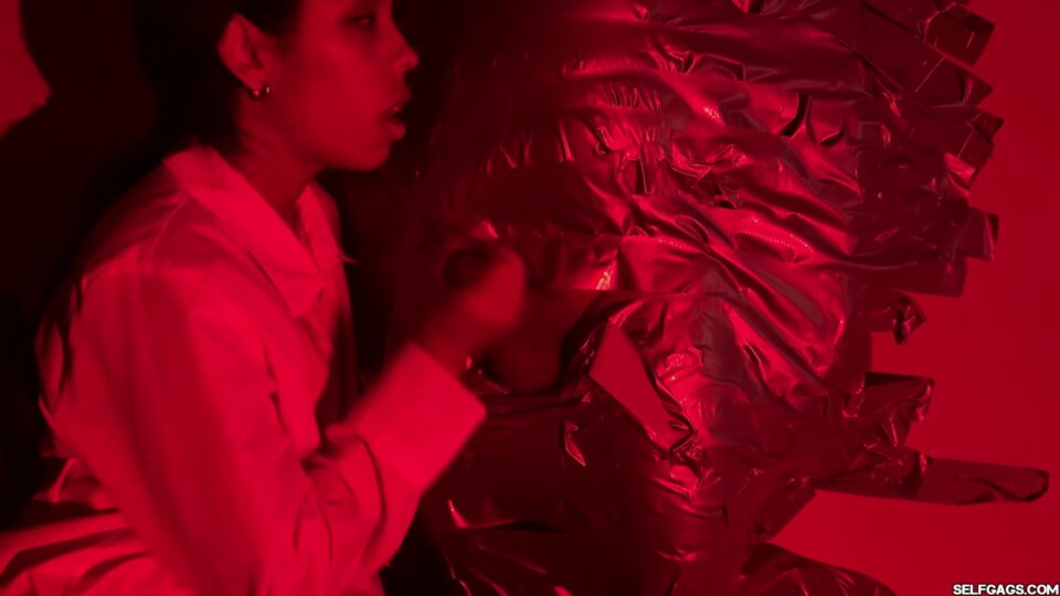 Red Room Wall-Taped Slave: Mistress Diana Edges & Tapes His Cock Mid-Orgasm — gallery-5