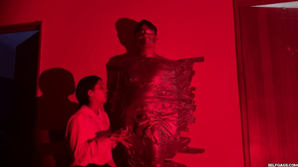 Red Room Wall-Taped Slave: Mistress Diana Edges & Tapes His Cock Mid-Orgasm — gallery-7