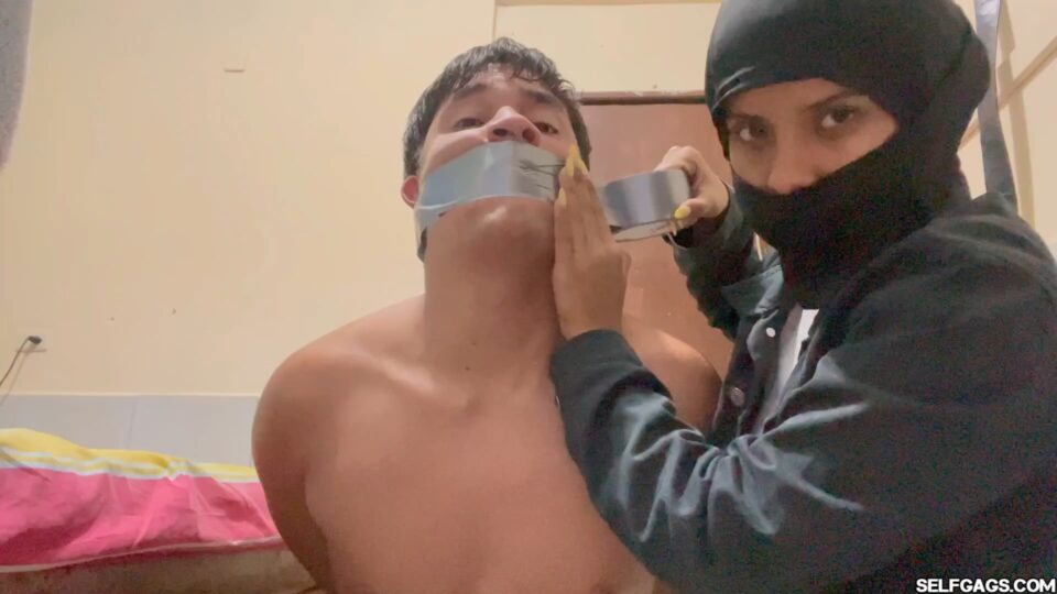 Sexy Stud Hogtied Naked and Surprised By Gagged Female Bandit — gallery-1